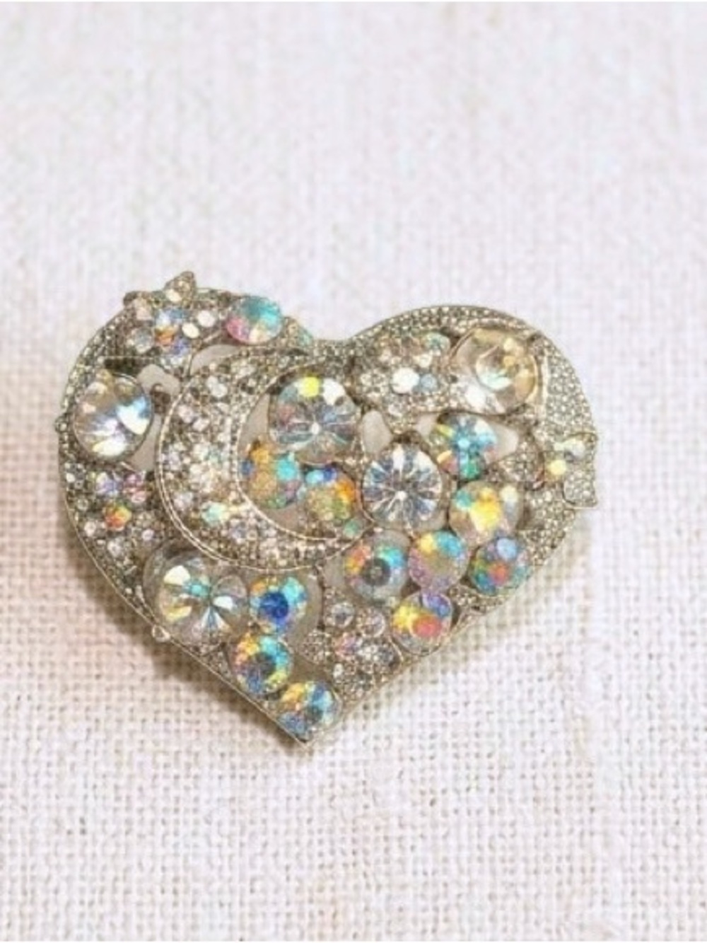 Vintage Inspired Crystal Heart Brooch - Iridescent Clear Rhinestones